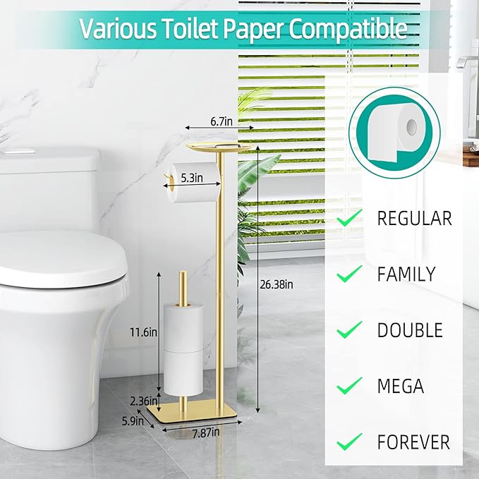 Toilet Paper Holder Stand for Bathroom Floor Standing Toilet Roll Dispenser Storages 4 Reserve Rolls, with Top Storage Shelf for Cell Phones, Wipe, Wallet and More(Gold)