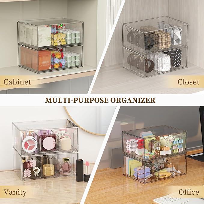2 Pack Clear Tea Bag Organizer, Stackable Drawer Organizer with Dividers for Pantry Bathroom Vanity Kitchen - Cabinet Countertop Shelf Plastic Storage Bins for Coffee/Makeup/Cosmetic/Crafts/Underwear