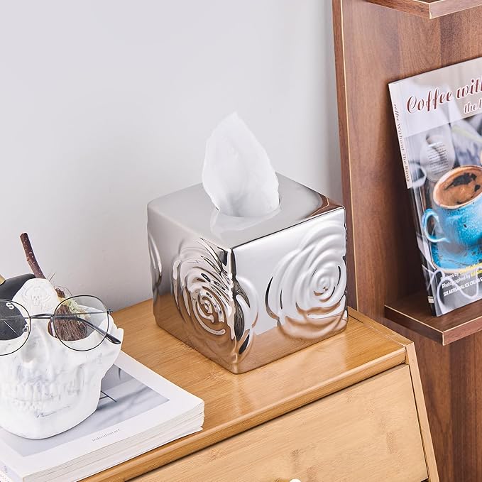 Silver Ceramic Cube Tissue Box Cover with Rose – Large Elegant Rose Floral Square Decorative Tissue Box Holder for Bathroom, Bedroom, Office Desk, Kitchen Counter – Perfect Housewarming Gift