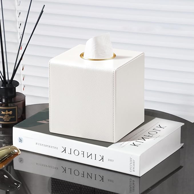 Square Tissue Box Cover, Luxury PU Leather Tissue Holder with Magnetic Closure (Beige)