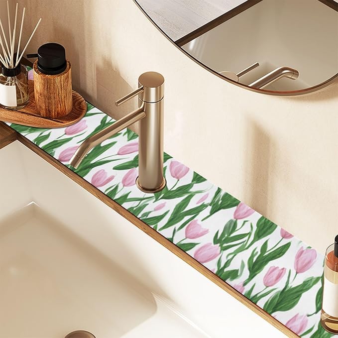 Kitchen Sink Splash Guard 1 PC 14.7 Inch Sink Faucet Mat Splash Guard for Bathroom Countertop Water Absorbent Foldable Cuttable Soft Washable Small Tulips Pink