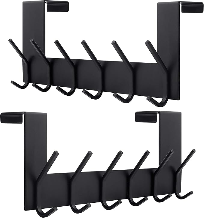 Dseap Over The Door Hook Hanger - 6 Hooks Over Door Coat Rack for Hanging Clothes Hat Towel, Black, 2 Packs