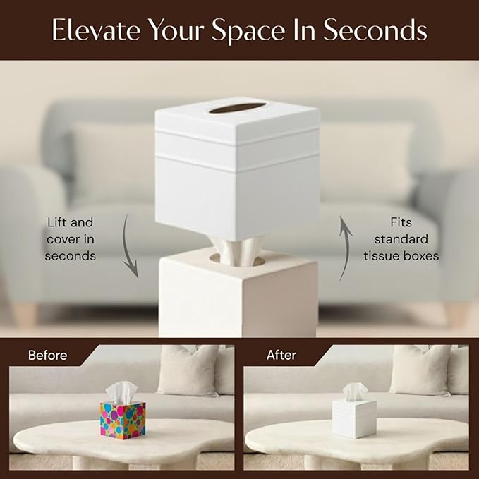Monarch Abode Tissue Box Cover Square – Handcrafted Border Embossed White Metal Tissue Holder Box for Bathroom Accessory, Aesthetic Decorative Facial Napkin Cube for Modern Home Decor