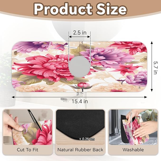 Floral Symphony In Cream Kitchen Faucet Mat Splash Guard, 15.4”x5.7” Absorbent Quick Drying Sink Mat for Countertop Protection, Draining Mat Sink Protectors For Kitchen Bathroom, 1 Pack