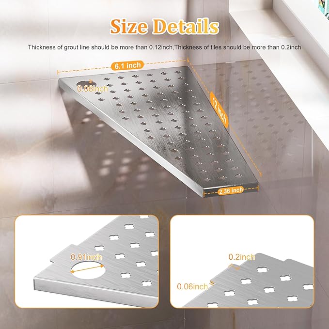 12" Corner Shower Shelf 2-Pcs, Rustproof 304 Stainless Steel Corner Shower Shelves with Razor Holder Slot Design Recessed Bathroom Shower Shelf for Tiled Wall (Brushed Silvery)