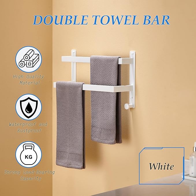 16 Inch Double Towel Bar for Bathroom with Hooks SUS 304 Stainless Steel Bath Towel Rack Wall Mounted White Finished