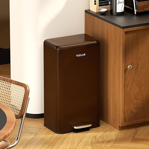Kitchen Bathroom 8 Gallon Trash Can - Stainless Steel Garbage Cans with Foot Pedal, Recycling Bin with Lid for Office Bathroom Decor (Coffee, 30Liter / 8Gallon)