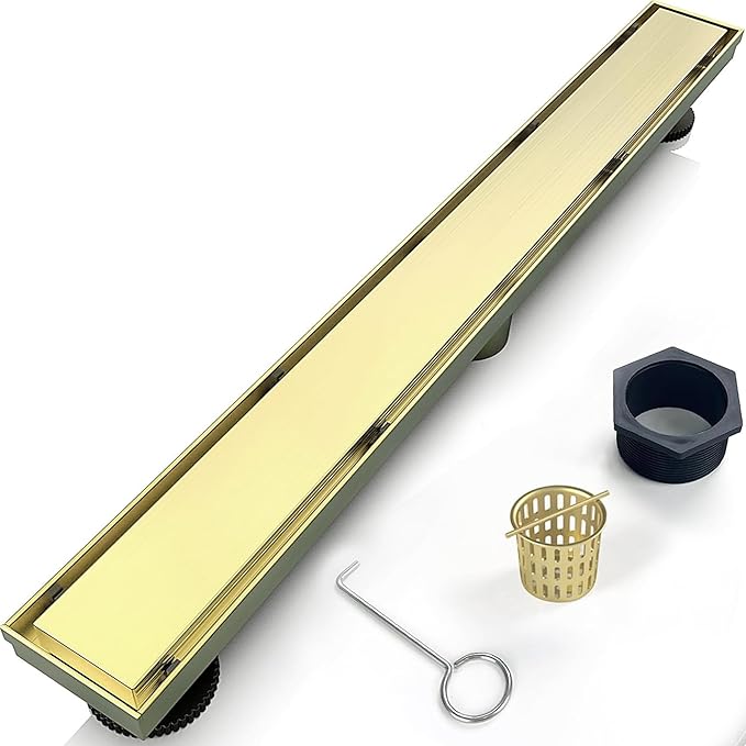 36 Inch Linear Shower Drain Bathroom Kitchen Golden Floor Drain Removable Capsule Pattern Cover Accessories Shower Drain 304 Stainless Steel Drain with Hair Strainer