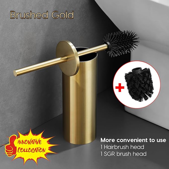 Toilet Bowl Brush Stainless Steel Gold Toilet Brush and HolderSet，Silicone + Bristle Dual-Head Toilet Brush Holder (Gold)