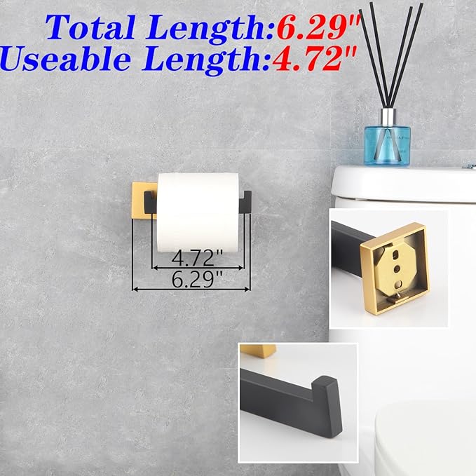 GERZWY Bathroom Hardware Accessories Sets Stainless Steel 3-Pieces - Robe Hook Toilet Paper Holder Towel Ring (Black & Gold) FG16567-3BD