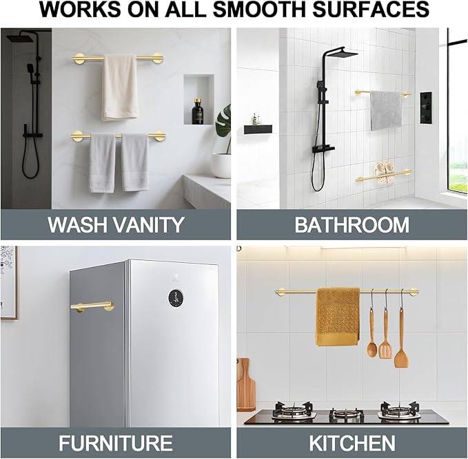 Self Adhesive Bath Towel Bar, Thicken Stainless Steel Shower Towel Rack Holder Wall Mounted for Bathroom, 23.6-lnch Overall Length-21-lnch Usable Hanging Space (1 Pack, Brushed Gold)