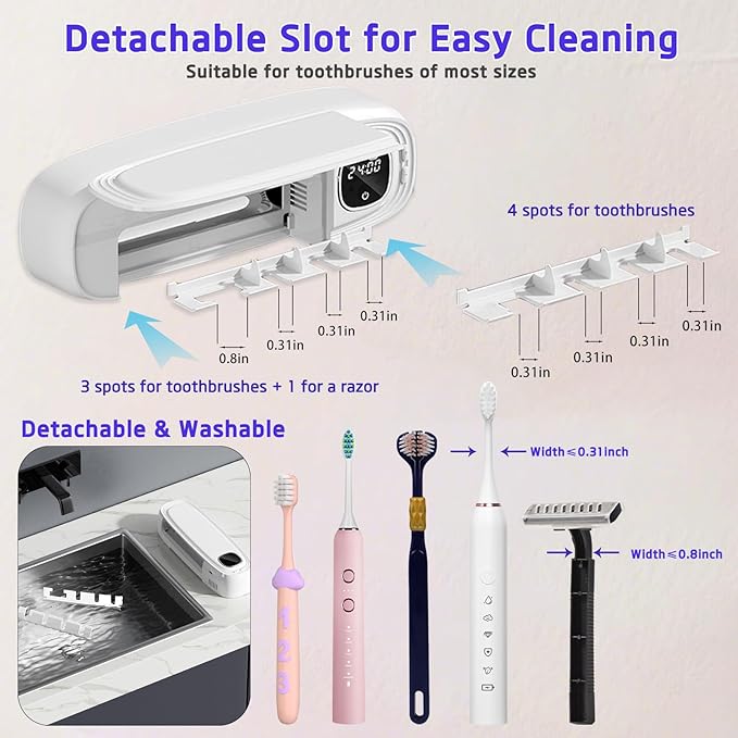 Wall Mounted Toothbrush Holders for Bathrooms, 4 Slots UV Toothbrush Sanitizer and Holder with Air Drying 3000mAh Rechargeable Cordless UV Toothbrush Cleaner with Timer Function & No Drilling (White)