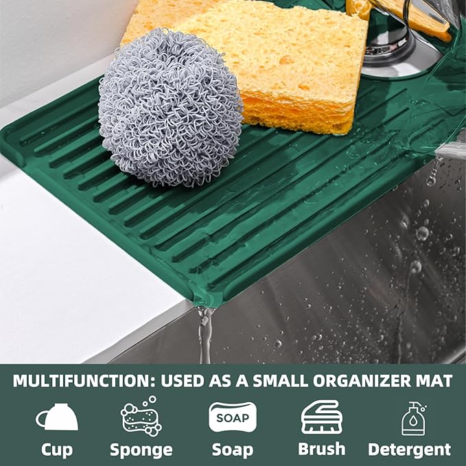 Faucet Mat for Kitchen Sink, Silicone Faucet Handle Drip Catcher Tray, Drying Mat as Sponge and Soap Holder with Lateral Inflow for Kitchen Bathroom Farmhouse & RV Sink Accessories (Green)