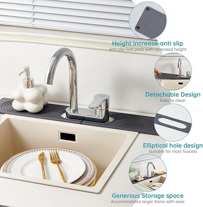 Stone Faucet Mat for Kitchen Sink with Oval Hole – 23.6" × 3.9" Diatomite Drying Stone Mat & Sink Protector, Quick-Dry Splash Guard Water-Absorbing Tray for Bathroom Counter（Dark Gray.23.6" x 3.9"）