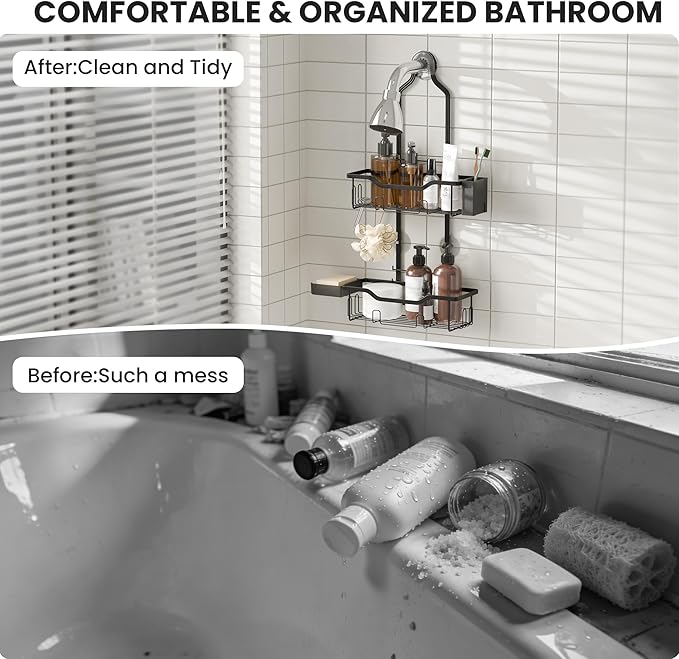 Hanging Shower Caddy Over Head,2 Tier Rustproof Shower Organizer for Tall Showerhead,No Drill Bath Caddy Hanging with Soap Dish and Toothbrush Holder for Razor and Sponge,Black