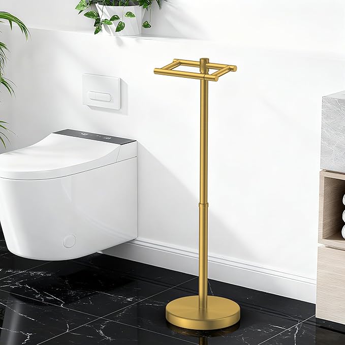 Toilet Paper Holder Stand Adjustable, Freestanding Tissue Roll Holder for Bathroom, Pivoting Design, Durable SUS 304 Stainless Steel and Weighted Base Toilet Paper Stand, Storage (Brushed Gold)