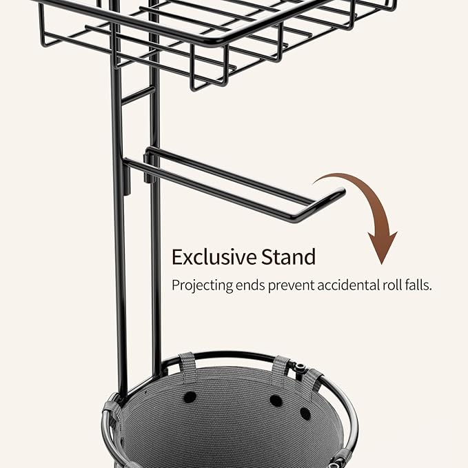Lewondr Free Standing Toilet Paper Holder, Toilet Paper Holder with Shelf, Bathroom Tissue Roll Storage Rack with Storage Bag for 3 Rolls of Tissue, Gray