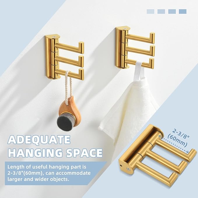 Suyar Bathroom Towel Hook Brushed Gold, SUS 304 Stainless Steel Swivel Coat Robe Holder 3 Foldable Arms, Rotating Wall Hook, 2 Pack