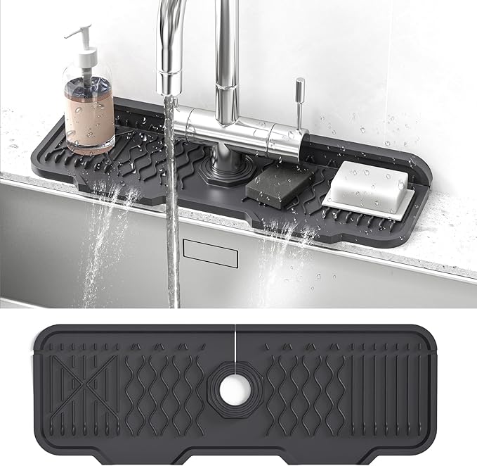 Silicone Faucet Splash Guard, TOOVEM Kitchen Sink Splash Guard Behind Faucet 17.1 x 5.9 Inch, Faucet Handle Drip Catcher Tray, Sink Splash Guard Mat Faucet for Kitchen and Bathroom, Farmhouse, Bar