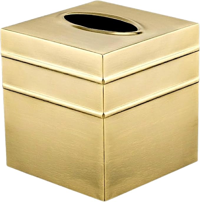 Monarch Abode Tissue Box Cover Square – Handcrafted Border Embossed Brushed Gold Metal Tissue Holder Box for Bathroom Accessory, Aesthetic Decorative Facial Napkin Cube for Modern Home Decor