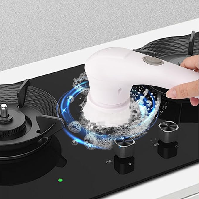 Generic Electric Rechargeable Cleaning Tools Electric Cleaning Brush for Bathroom Electric Cleaner with 5 Replaceable Shower Cleaning Brush Heads for Wall, Tile, Bathtub, Window, White