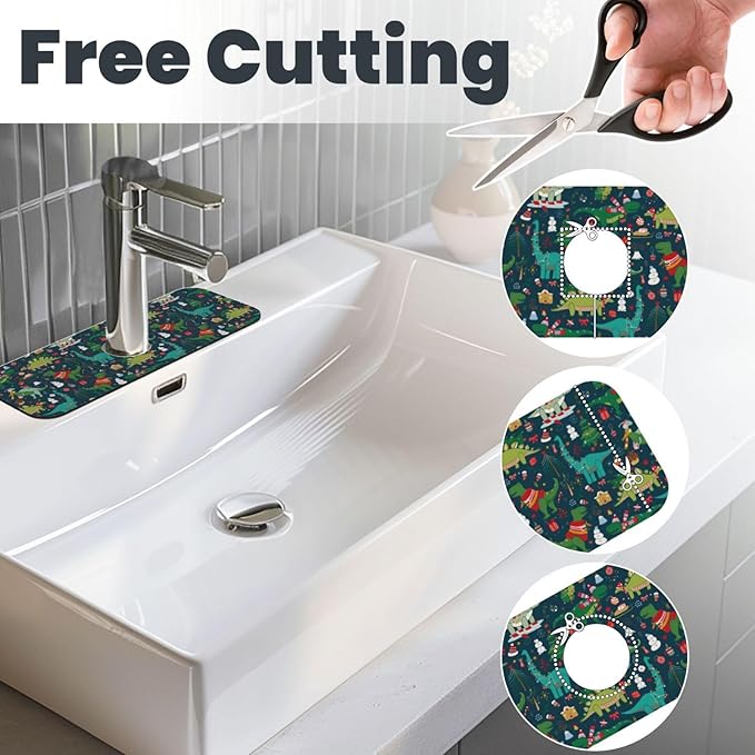 Christmas Dinosaur Tree Xmas Green Kitchen Sink Splash Guard Faucet Mat 1 Pcs, Absorbent Fast Drying Mat Gadgets Splash Guard For Bathroom 15 X 5.5 Inches