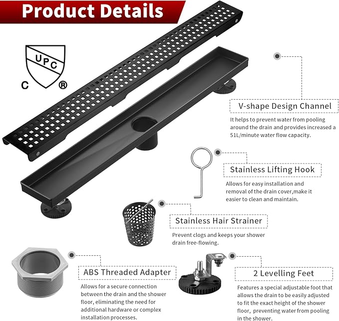 Sharp-tec 36 inch Linear Shower Drain, Black Rectangular Floor Drain, V-Shape Design Drain Channel, 304 Stainless Steel, cUPC Certificated for Bathroom Shower Room (Drain Base is Not Included)