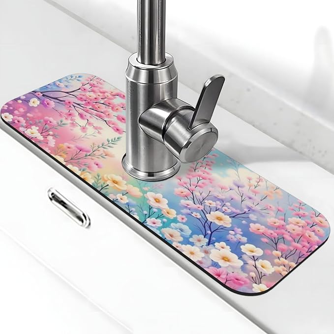 Charming Floral Garden 15" X 5.5" Kitchen Sink Splash Guard, Faucet Guard Draining Mat, Faucet Suction Pad For Kitchen Bathroom