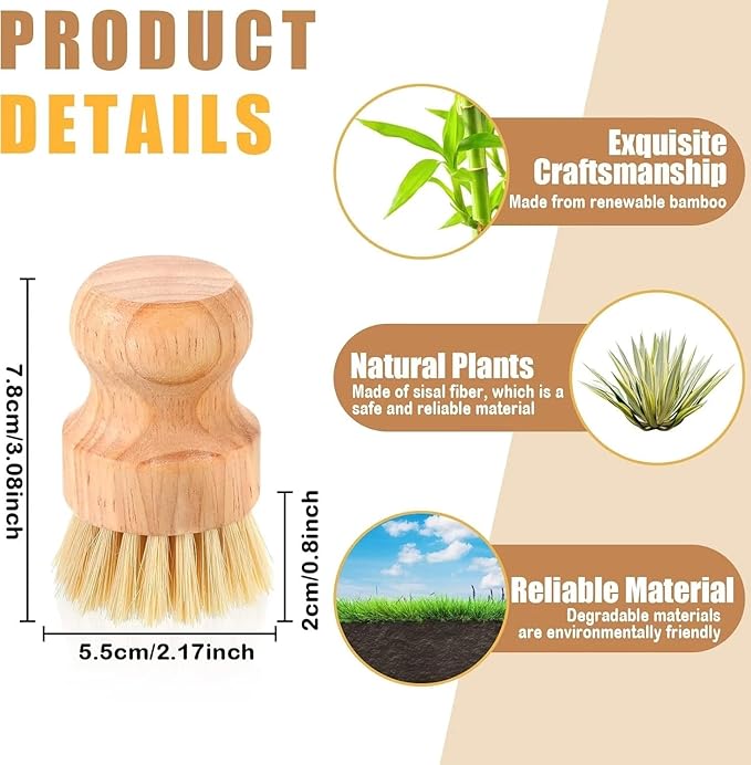 Bamboo Dish Scrub Brush - Natural Fiber Kitchen Dish Scrubber, for Cleaning Pots, Sink, Tableware and Vegetables (Sisal)