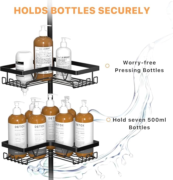 KEGII Corner Shower Caddy Tension Pole, Bathroom Shower Organizer with Toothbrush Holder, No Drilling Bathtub Shelf for Inside Shower, Rustproof Bathroom Tub Organizer, Adjustable 25-114.2 Inch