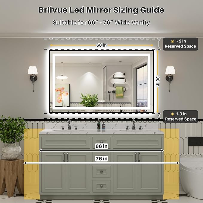 60x36 Inch LED Bathroom Mirror with Black Frame, Backlit & Front Lit, Anti-Fog Lighted Bathroom Vanity Mirror for Wall, Memory Function, Dimmable, HD Tempered Glass, Shatter-Proof