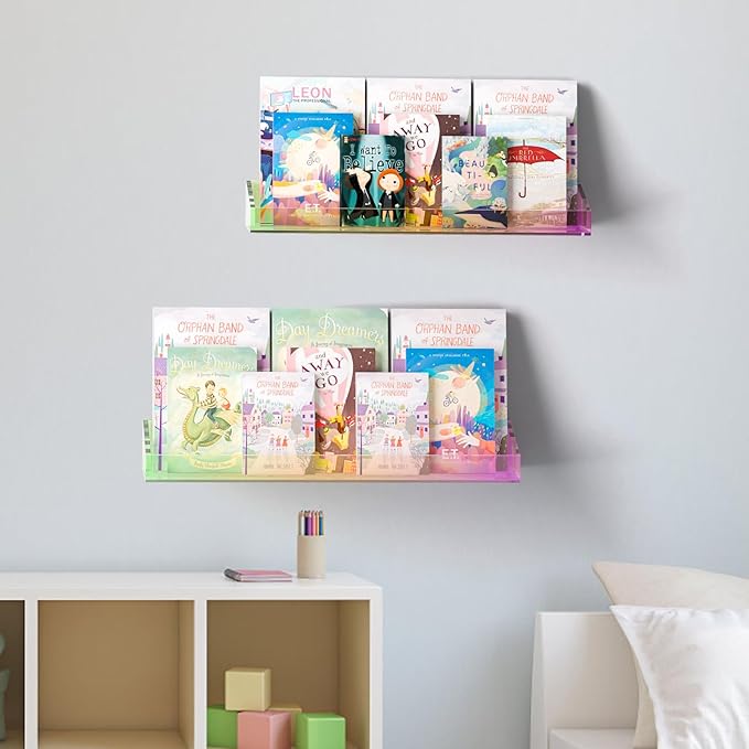 2 Pack Acrylic Shelves for Wall Storage, 15" Floating Shelves, Kids Bookshelf, Nail Polish Holder, Perfume Display Shelf Organizer for Bathroom, Bedroom, Living Room, Iridescent