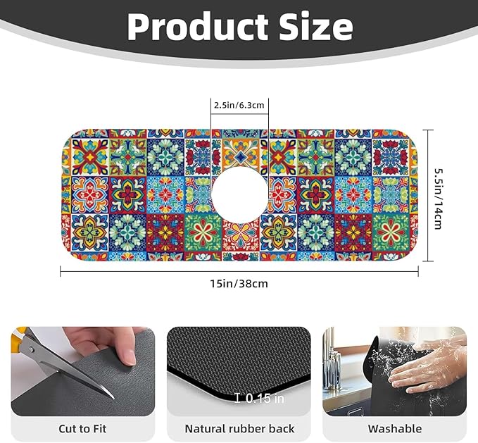 Talavera Mexican Ceramic Tiles Boho Kitchen Sink Splash Guard Faucet Mat 1 Pcs, Absorbent Fast Drying Mat Gadgets Splash Guard For Bathroom 15 X 5.5 Inches