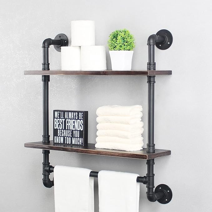MBQQ Pipe Shelving,Iron Pipe Shelves Industrial Bathroom Shelves with Towel bar,24in Rustic Metal Pipe Floating Shelves Pipe Wall Shelf,2 Tier Industrial Shelf Wall Mounted,Retro Black