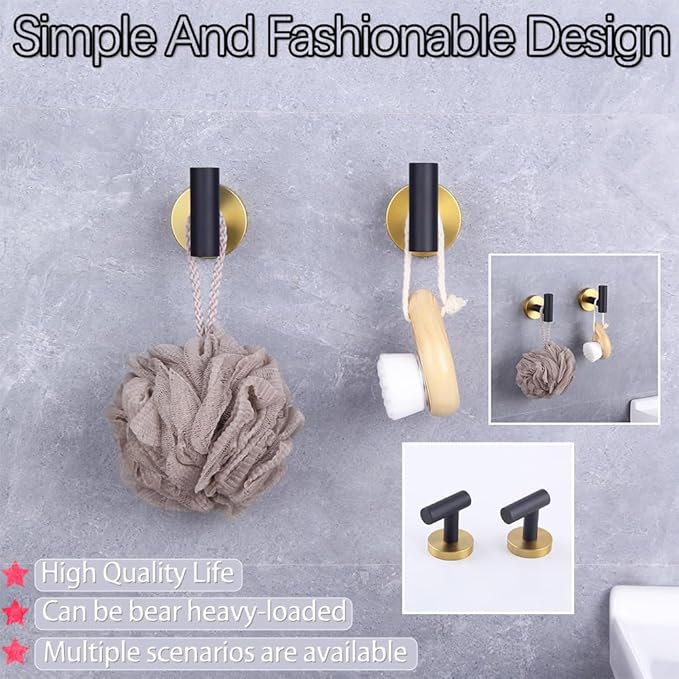 GERZWY Stainless Steel Towel Hook Robe Hook Coat Hook Heavy Duty Wall Mounted Luxury Hooks for Bathroom Hotel 2 Pack (Black & Gold) AG1107B-BD