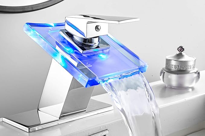 Bathroom Sink Faucet LED Light 3 Colors Changing Waterfall Glass Spout Hot Cold Water Mixer Single Handle One Hole Deck Mounted Bathroom Faucet Chrome Lavatory Vanity Basin Bath Plumbing Fixtures