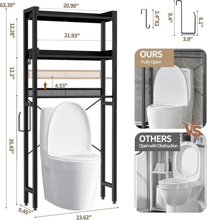 Housolution Over The Toilet Storage with 2 Drawers, 3 Tier Over Toilet Bathroom Organizer with Height Adjustable Shelves and Hooks, Space Saver Above Toilet for Bathroom/Restroom/Laundry, Black