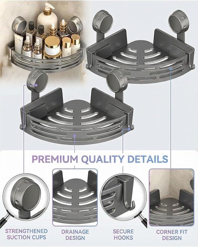 Suction Cup Corner Shower Shelf,No-Drill Bathroom Corner Shelf,Aluminum Wall Mounted Storage Rack Bathtub Shelf,For Bathroom Kitchen