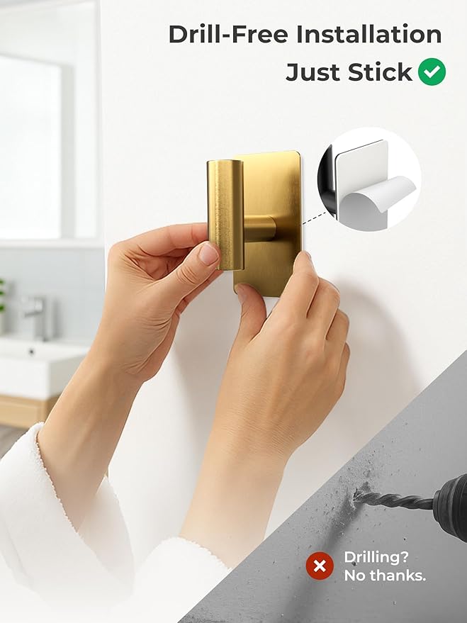 Towel Hooks for Bathrooms – 2 Pack, Brushed Gold Finish, T-Shaped Stainless Steel Adhesive Wall Hooks for Robes & Towels in Kitchen, Shower, or Closet