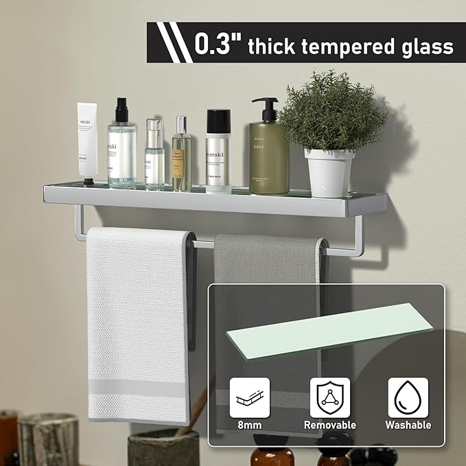 Bathroom Shelves Glass Bathroom Shelf with Towel Bar, Floating Shelves for Living Room/Study Room Tempered Glass Rectangular 1 Tier Organizer Wall Shelf (Chrome Polished, 20'')