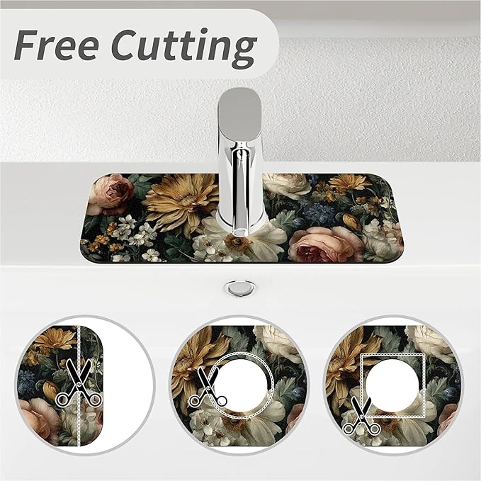 Kitchen Sink Splash Guard，Dark-floral Faucet Mat Sink Gadgets-Super Absorbent Fast Drying Mat Drip Catcher for Kitchen, Bathroom,Sink Mat, Dish Drying Mat, Bathroom(15" X 5.5" )