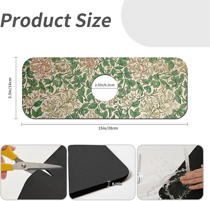 Kitchen Sink Splash Guard，Retro honeysuckle flower Faucet Mat Sink Gadgets-Super Absorbent Fast Drying Mat Drip Catcher for Kitchen, Bathroom,Sink Mat, Dish Drying Mat, Bathroom(15" X 5.5" )