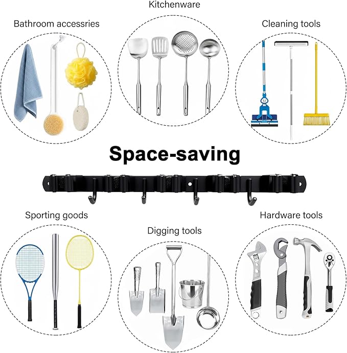2 Packs 5 Racks and 4 Hooks Mop and Broom Holder Wall Mount, SUS304 Heavy Duty Broom Organizer Storage Tool Racks, Self Adhesive Solid Non-slip Tool Hangers for Home Kitchen Garden Laundry Garage
