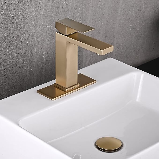 Brushed Gold Bathroom Faucet, Golden Single Hole Vanity Bath Faucet, Single Handle Modern Stainless Steel Bathroom Faucets for Sink 1 Hole with Pop Up Drain Stopper & Water Supply Hoses