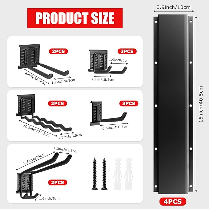 64 Inch Garage Tool Organizers Storage Rack System with 12 Adjustable Hooks Carbon Steel Wall Mount Tool Organizer for Garage Shed Yard Broom Shovel, Rakes, Ladders and Power Tool Holder