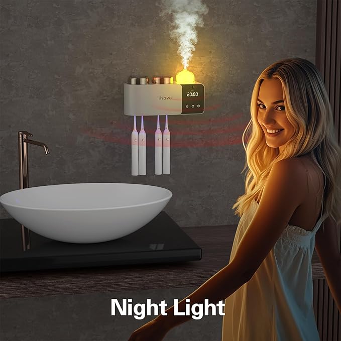 iHave Toothbrush Holders Wall Mounted with Toothbrush Sanitizer & Aromatherapy Diffuser | Auto-Cycle Disinfection, Heated Fan Drying, USB Rechargeable, IR Night Light,LED - 2 Cups Bathroom Organizer