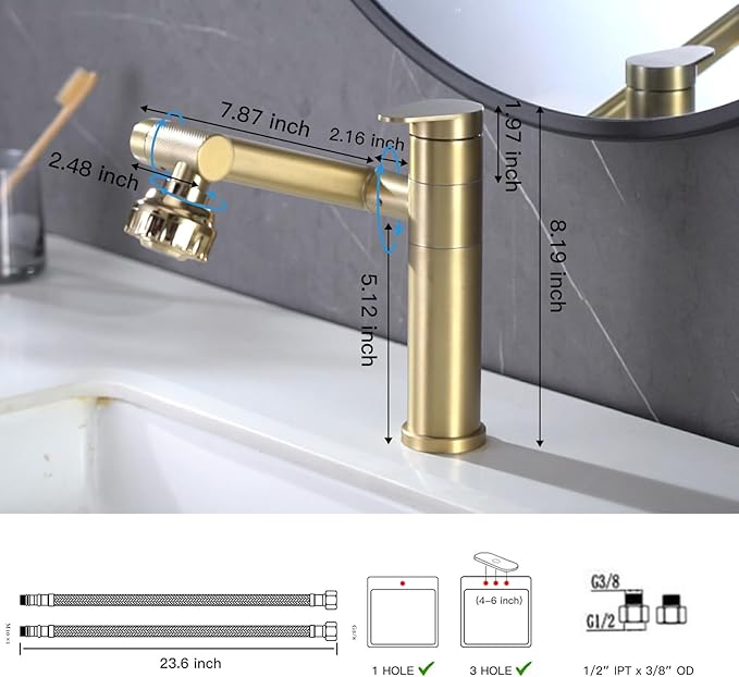 Bathroom Faucet Champagne Gold 1080 Degree Swivel Lavatory Basin Sink Faucet 1 Handle Big Angle Spray Aerator Spout Extender Universal Rotating Splash Filter 2 Water Outlet Modes