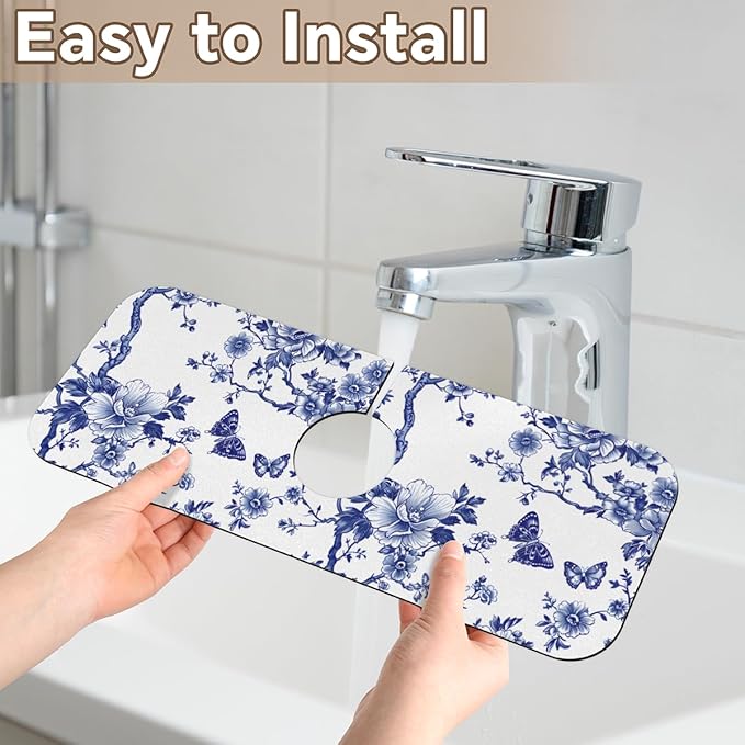 Blue Floral Sink Faucet Mat, Absorbent Elegant Chinese Style Kitchen Faucet Mat, Sink Splash Guard, for Bathroom Kitchen Sink Splash Guard Drying Mat 15.4"x5.7"