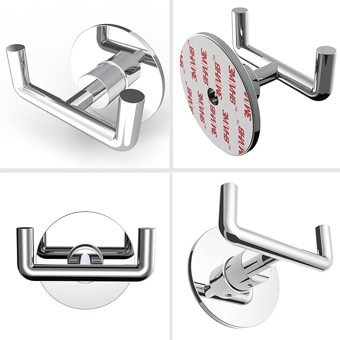 Ruacq Adhesive Double Towel Hook Chrome Round Base Bathroom Robe Self-Adhesive Towel Holder Hand Towel Hanger Stainless Steel and Zinc Alloy Modern Polished Chrome
