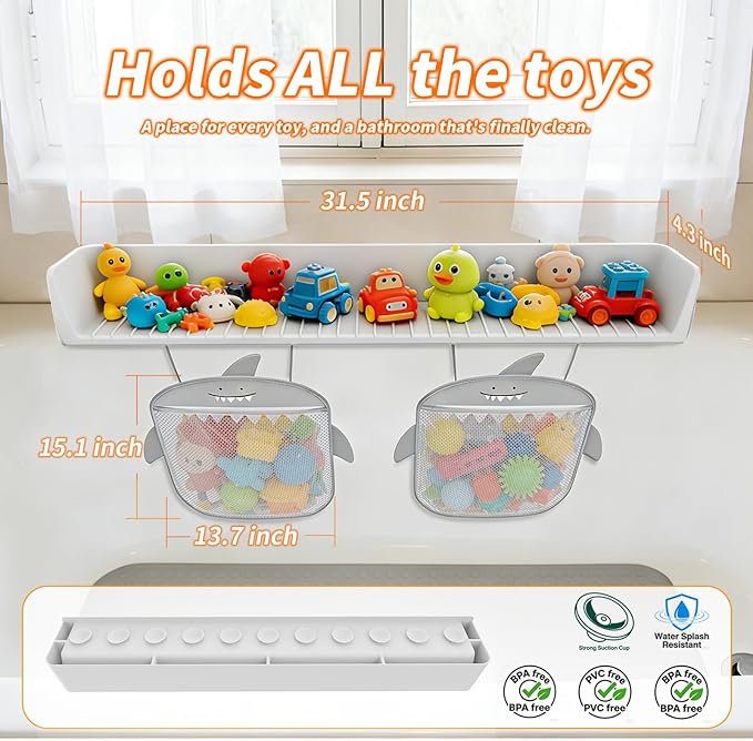 Extra-Long 31.5 Inch Bathtub Splash Guard for Kids,2 Storage Pockets Large Capacity Bath Toy Caddy Holder,Silicone Water Shield Prevent Bathroom Spills